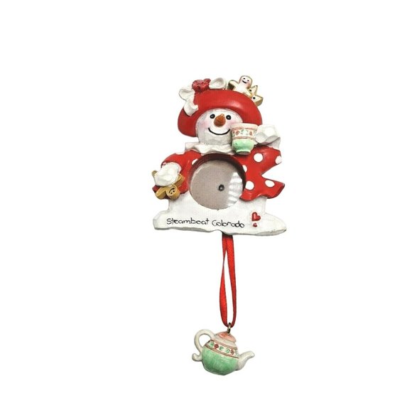 SNOWMAN Christmas Round Picture Frame Hanging Ornament Steamboat Colorado teapot - Picture 1 of 8